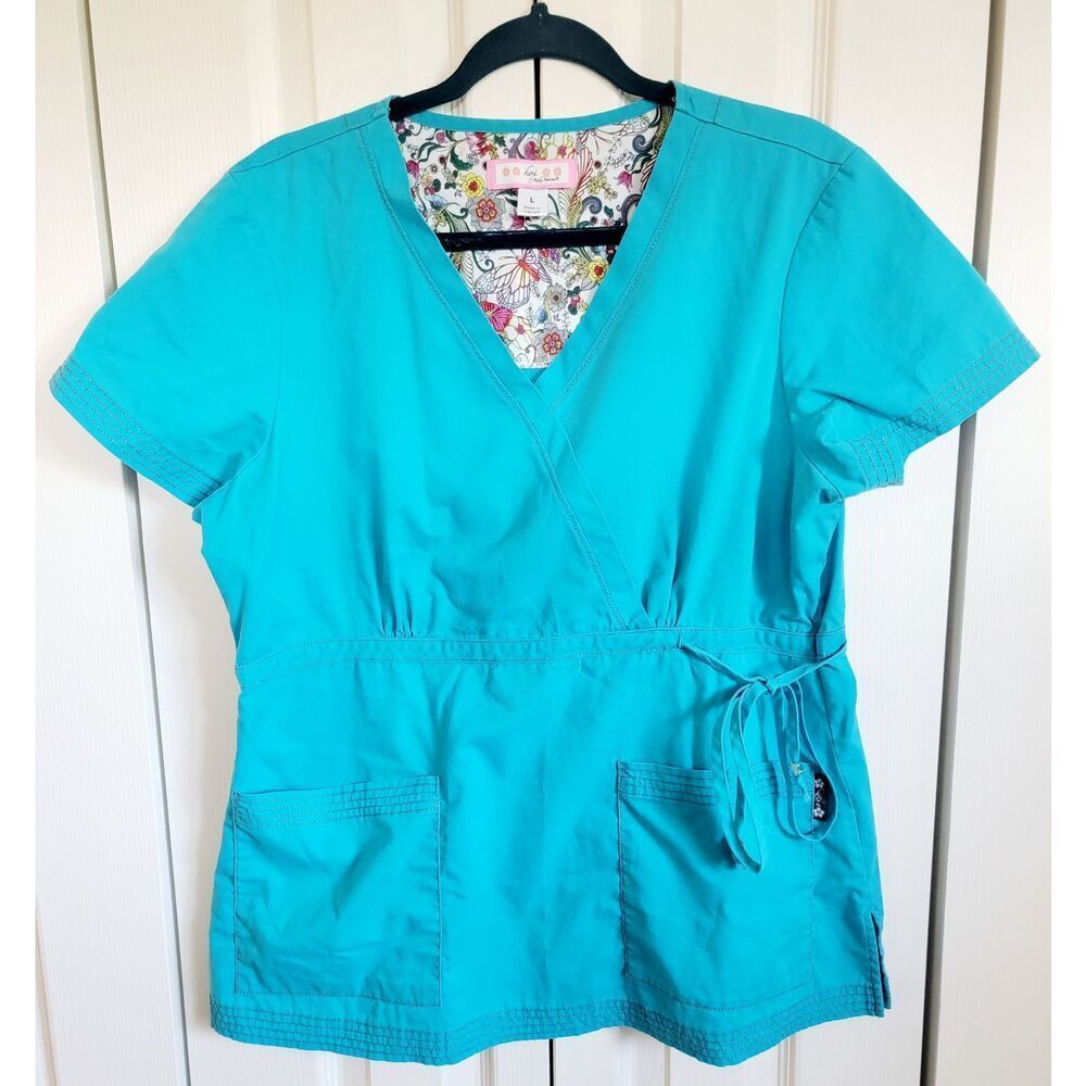 Koi Large Scrub Top‎ By Kathy Peterson Women's Aqua Blue Mock Wrap Side Tie